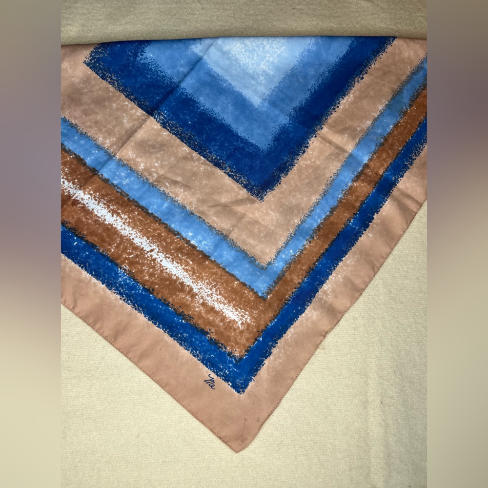 Blue and Brown Geometric Square Signed Scarf